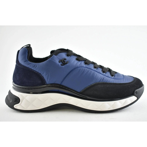 Chanel 21A Mens Blue Black White CC Logo Lace Up Low Top Trainer Sneaker 44 11 - Picture 1 of 7